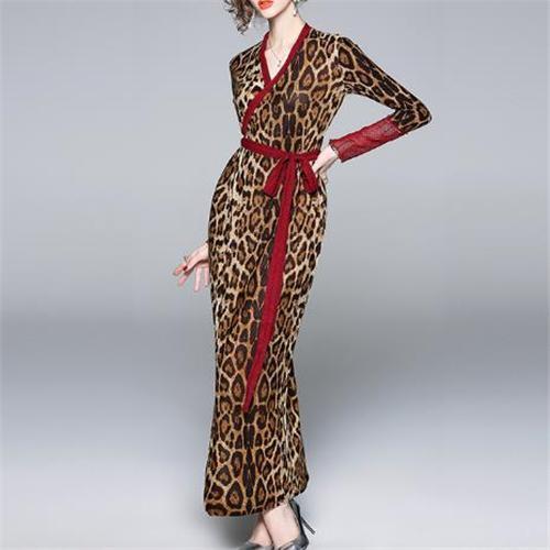 Fashion Leopard Printed Belt long sleeves Maxi Dress