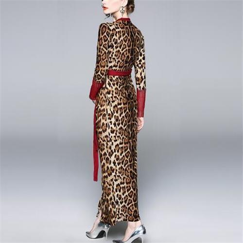 Fashion Leopard Printed Belt long sleeves Maxi Dress