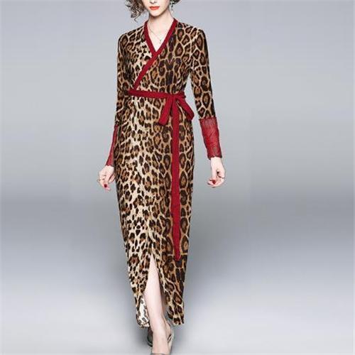 Fashion Leopard Printed Belt long sleeves Maxi Dress