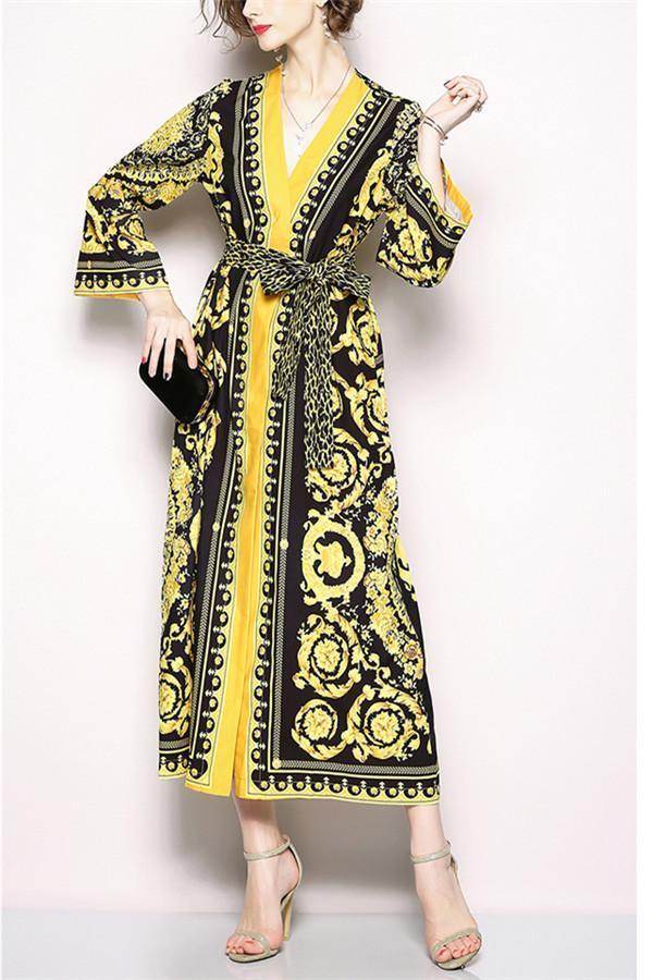 Retro V-Collar long sleeves Court Print Leopard Lace Loose Dress
