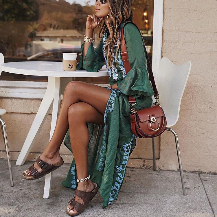 Sexy V Collar Floral Printed Slit long sleeves Maxi Dress