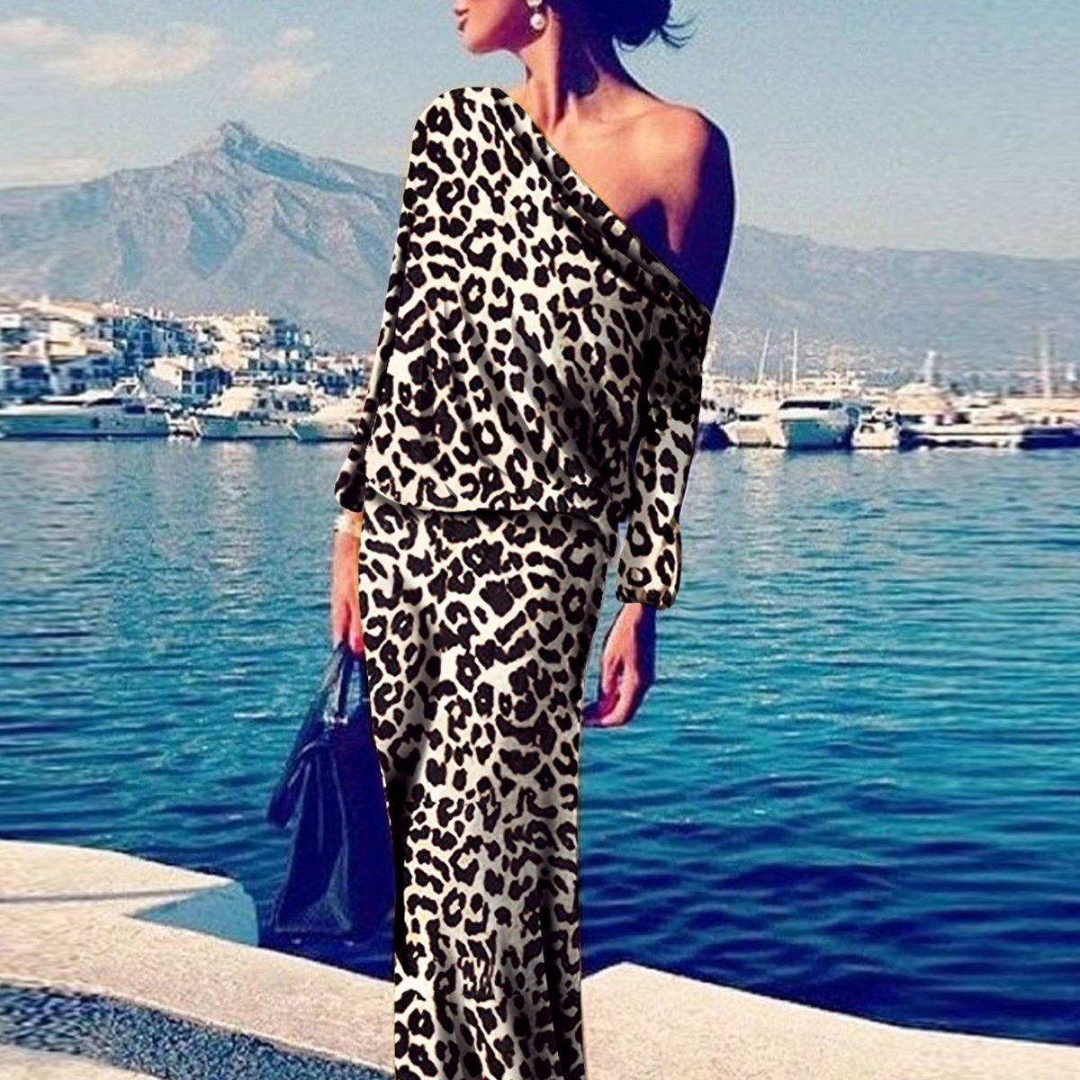 Sexy Leopard Print Long Sleeve Maxi Dress