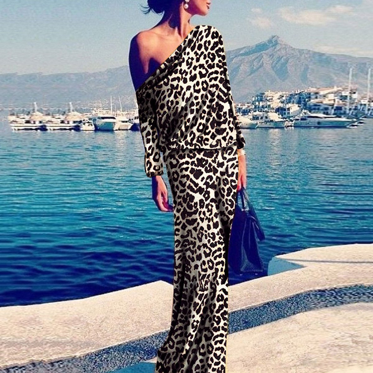 Sexy Leopard Print Long Sleeve Maxi Dress