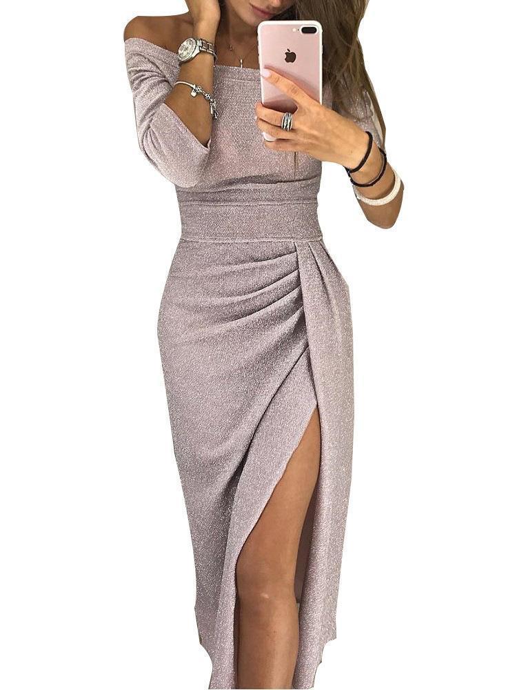 Sexy Shoulder Color long sleeve Asymmetrical Dress