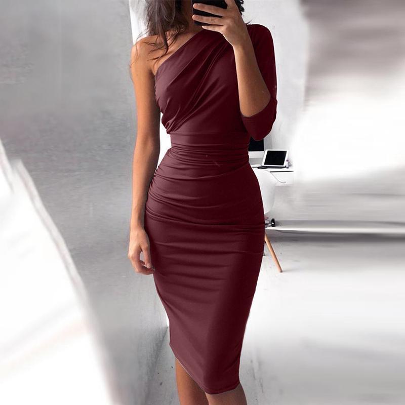 Fashion sleeveless Sloping Shoulder Pure Colour Bodycon Dresses