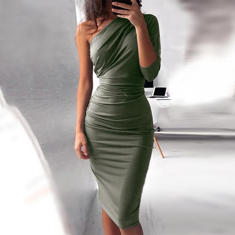 Fashion sleeveless Sloping Shoulder Pure Colour Bodycon Dresses