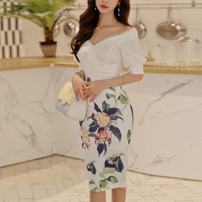 Casual V Neck Irregular T-Shirt And Printed Colour Skirt