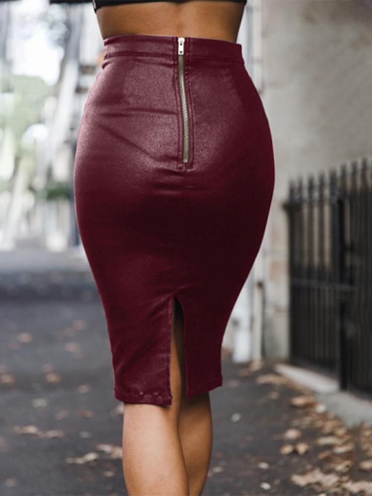 Fashion Pure Colour PU Buttocks Skirt