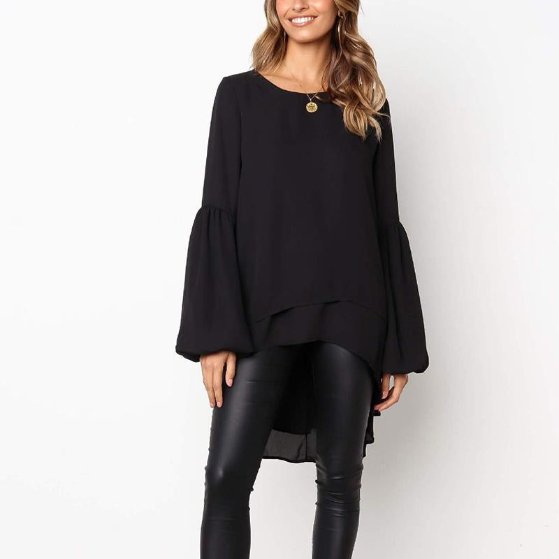 Round Neck Long Lantern Sleeve Plain Blouses