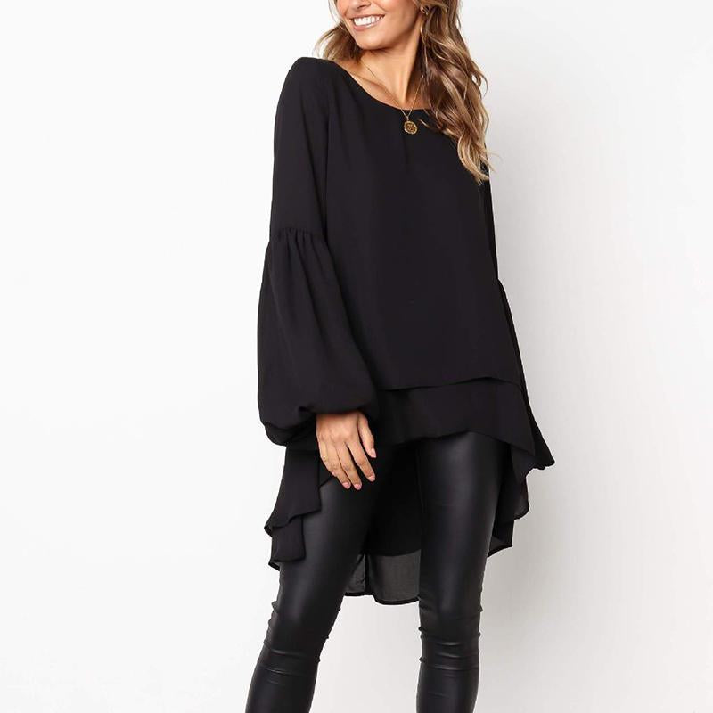 Round Neck Long Lantern Sleeve Plain Blouses