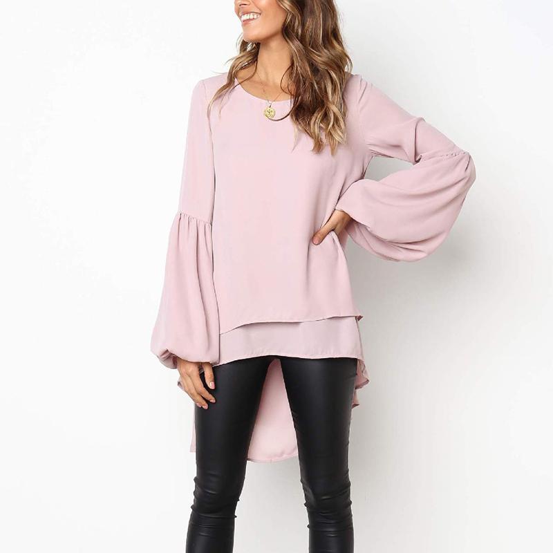 Round Neck Long Lantern Sleeve Plain Blouses