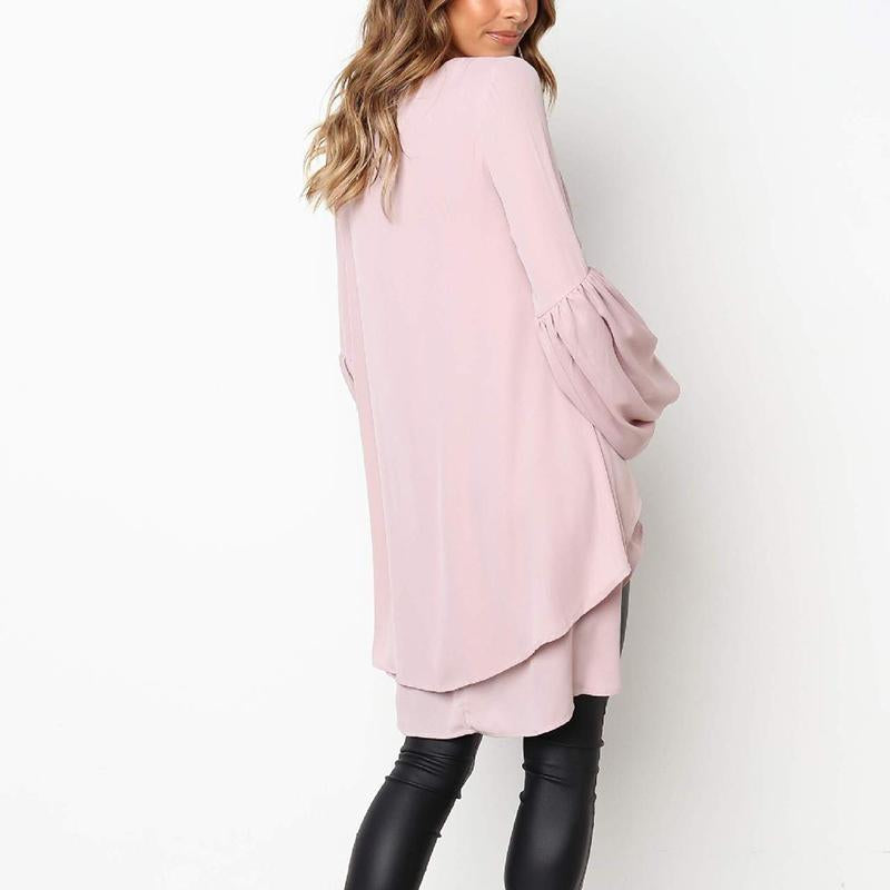 Round Neck Long Lantern Sleeve Plain Blouses