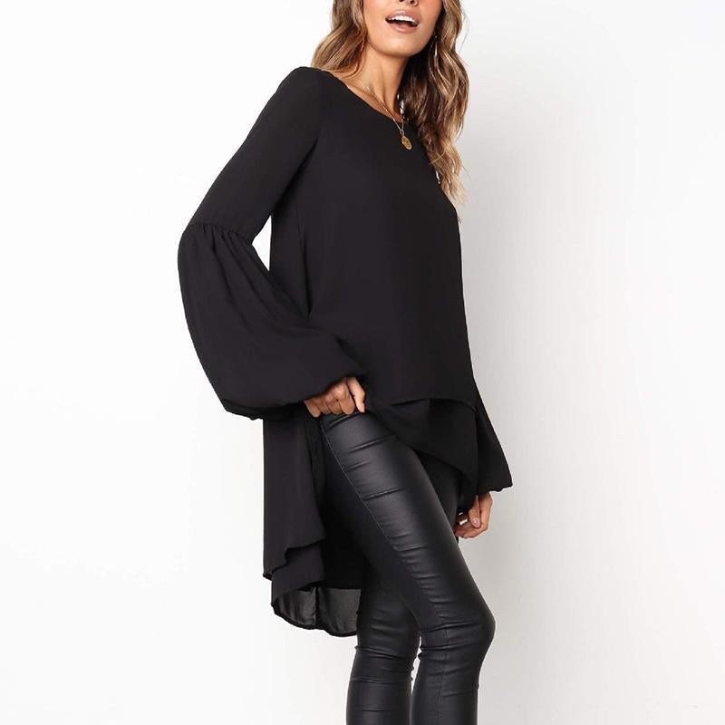 Round Neck Long Lantern Sleeve Plain Blouses