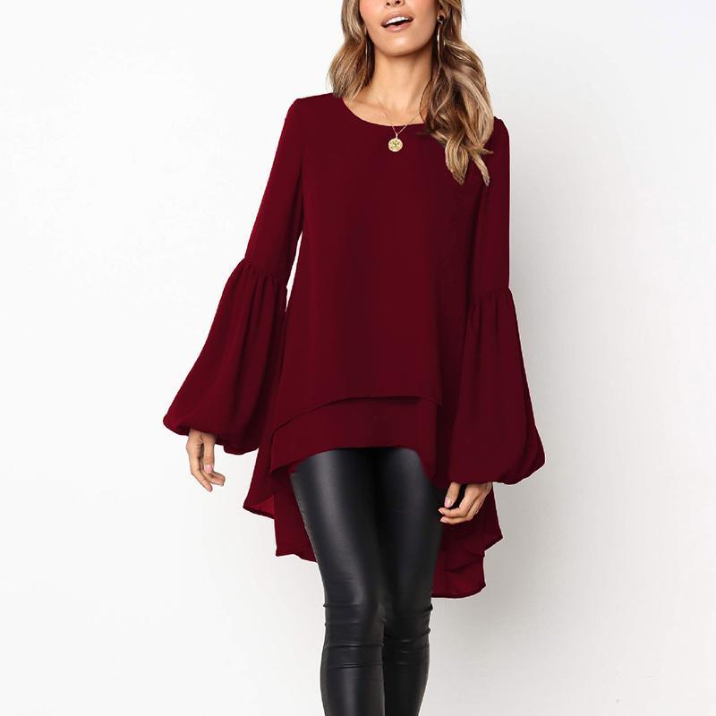 Round Neck Long Lantern Sleeve Plain Blouses