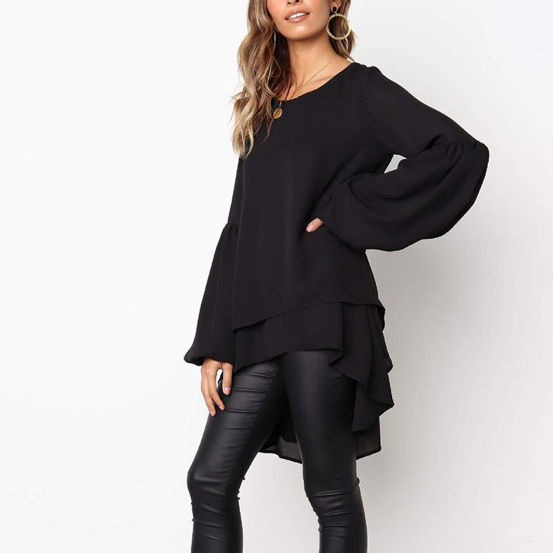 Round Neck Long Lantern Sleeve Plain Blouses