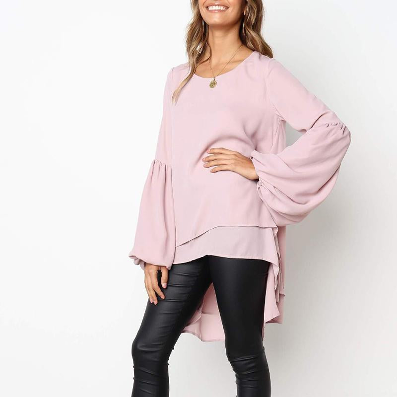 Round Neck Long Lantern Sleeve Plain Blouses