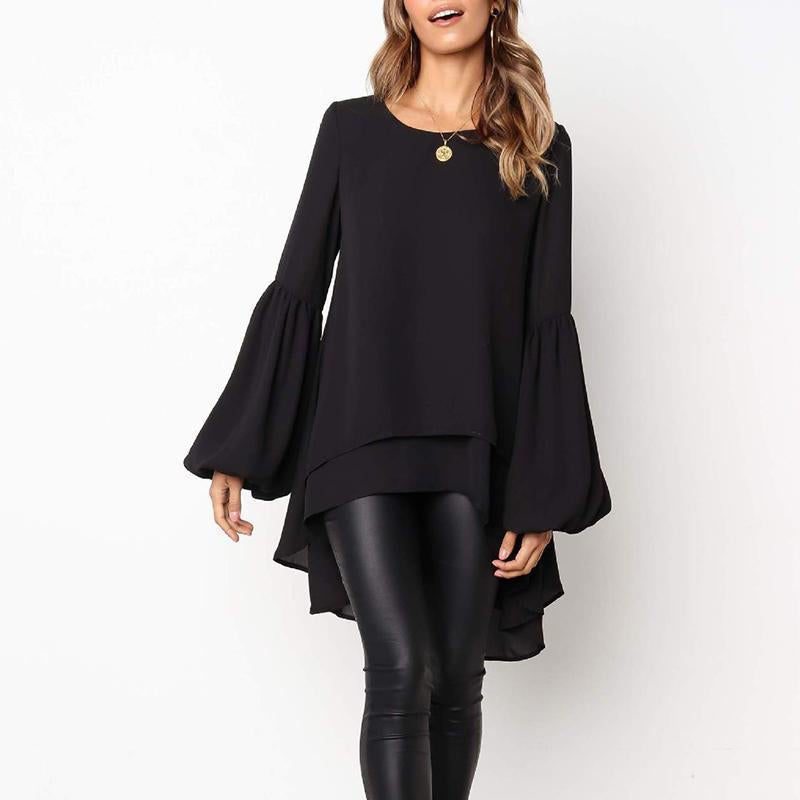 Round Neck Long Lantern Sleeve Plain Blouses