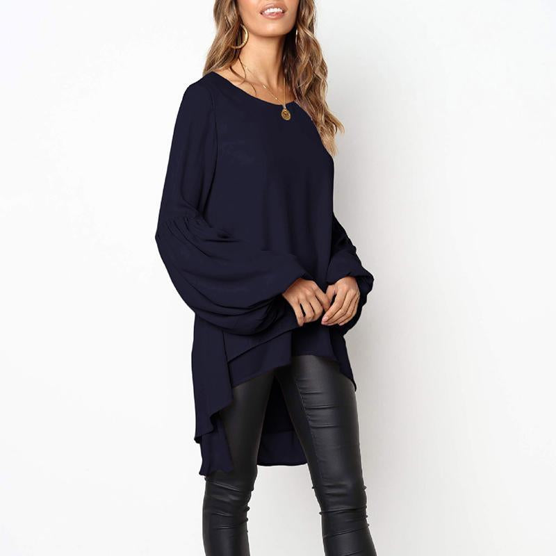 Round Neck Long Lantern Sleeve Plain Blouses