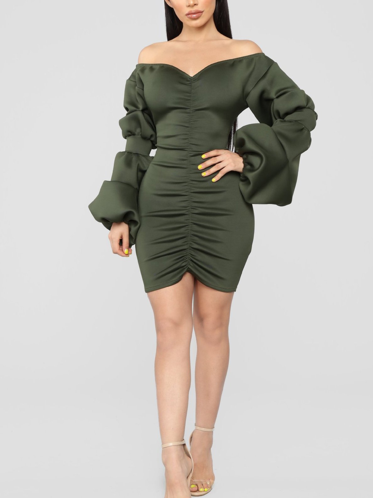 Sexy Puff Sleeve V Neck long sleeves Off-Shoulder Bodycon Dresses