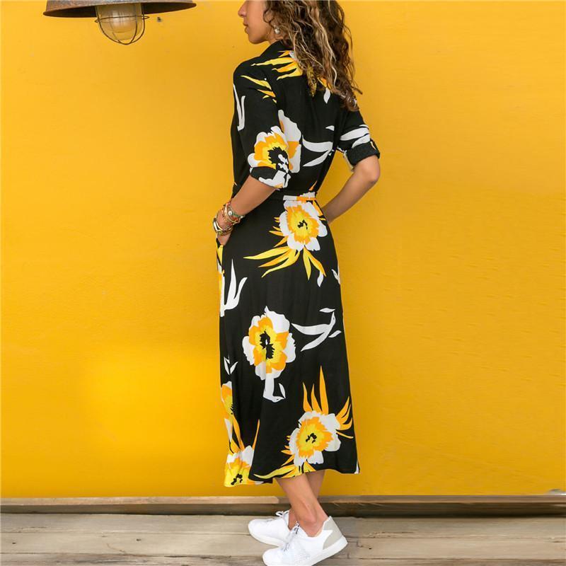 Casual V-Neck short sleeve Printed Lace Up Maxi Dress