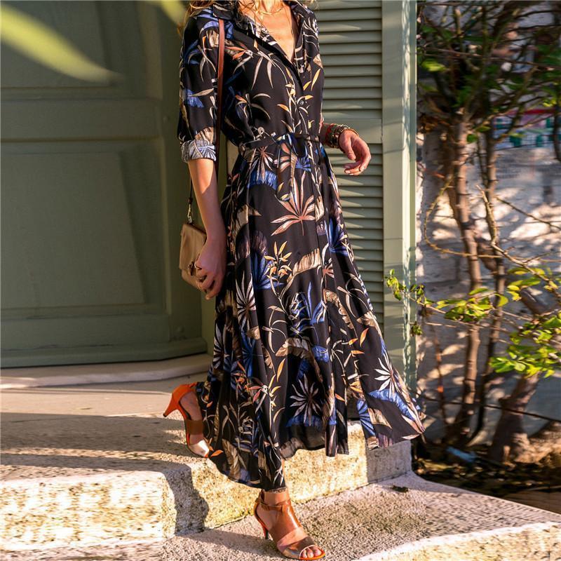 Casual V-Neck short sleeve Printed Lace Up Maxi Dress