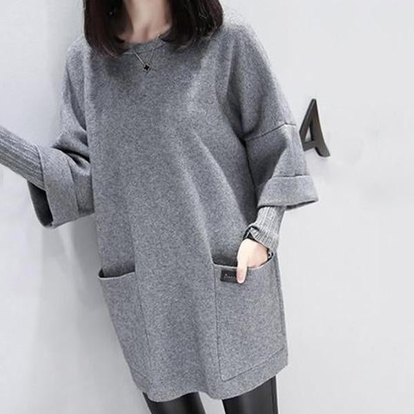 Casual Round Collar Wide Size Long Sleeved Knitted Dresses