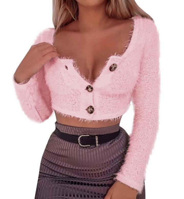 Casual Short Button   Sexy Midriff Long Sleeve Knit Top T Shirt Blouse