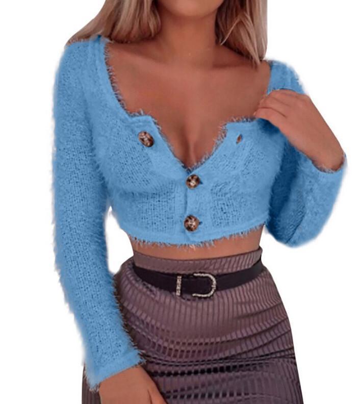 Casual Short Button   Sexy Midriff Long Sleeve Knit Top T Shirt Blouse