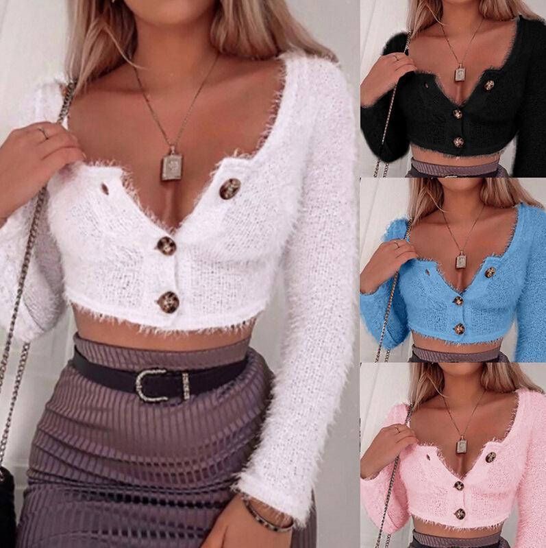 Casual Short Button   Sexy Midriff Long Sleeve Knit Top T Shirt Blouse