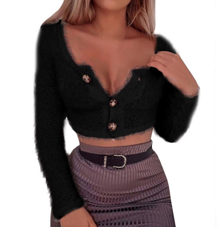 Casual Short Button   Sexy Midriff Long Sleeve Knit Top T Shirt Blouse