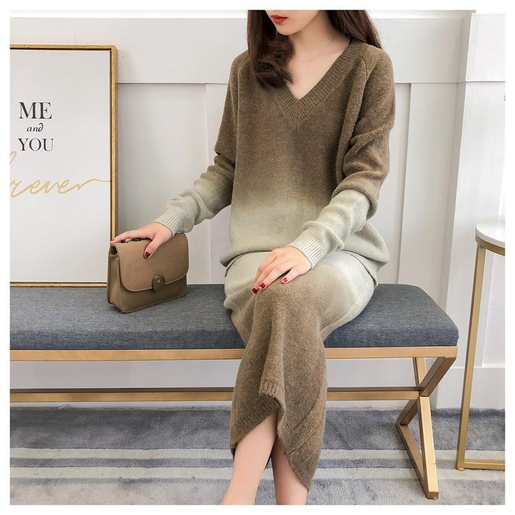 Casual Gradient Color Long Sleeve Knitted And Wool Dress
