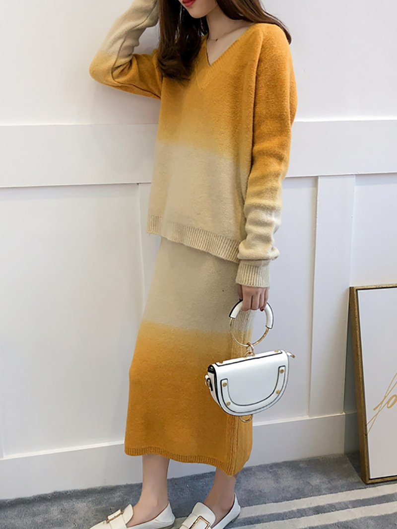 Casual Gradient Color Long Sleeve Knitted And Wool Dress