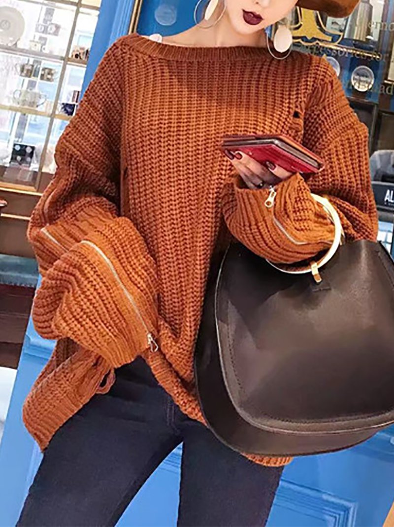 Casual Pure Colour Zipper Long Sleeve Knitted Sweater