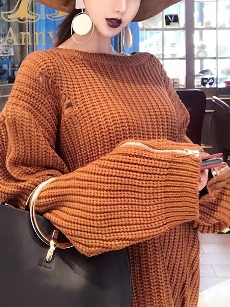 Casual Pure Colour Zipper Long Sleeve Knitted Sweater