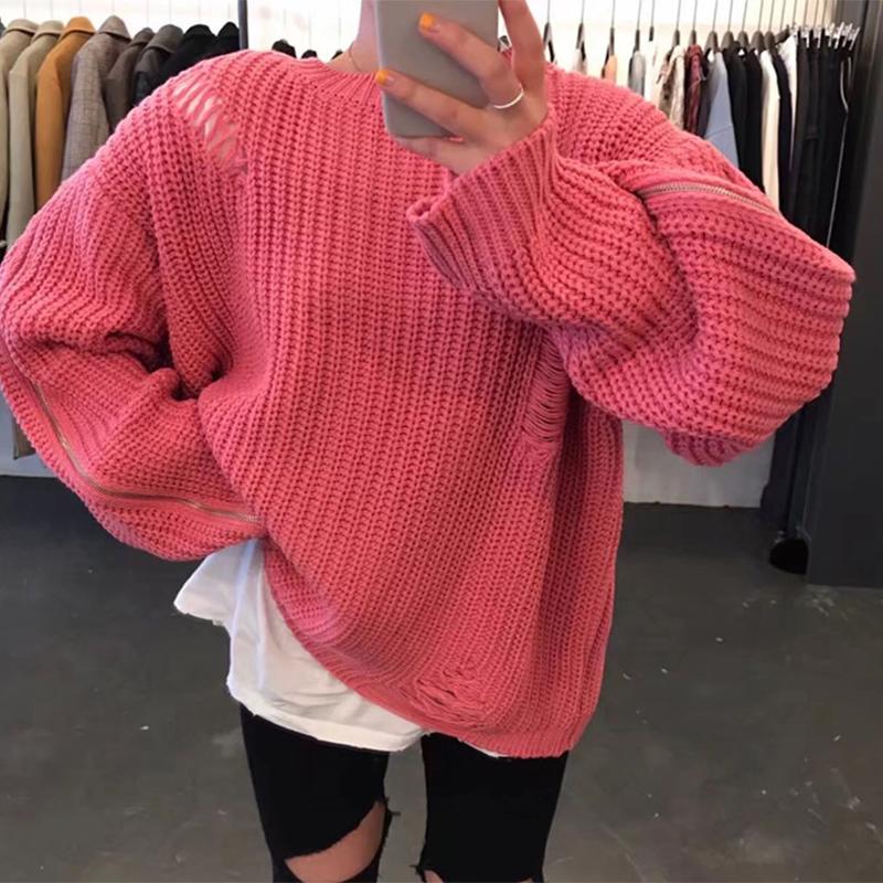 Casual Pure Colour Zipper Long Sleeve Knitted Sweater