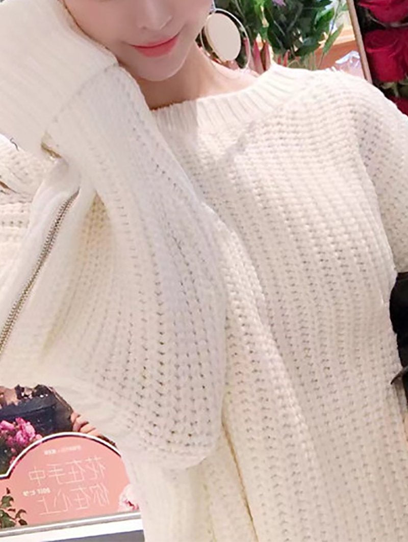 Casual Pure Colour Zipper Long Sleeve Knitted Sweater