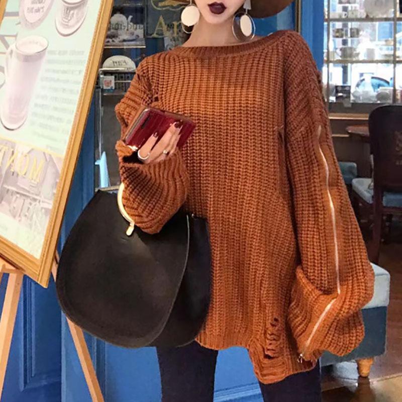 Casual Pure Colour Zipper Long Sleeve Knitted Sweater