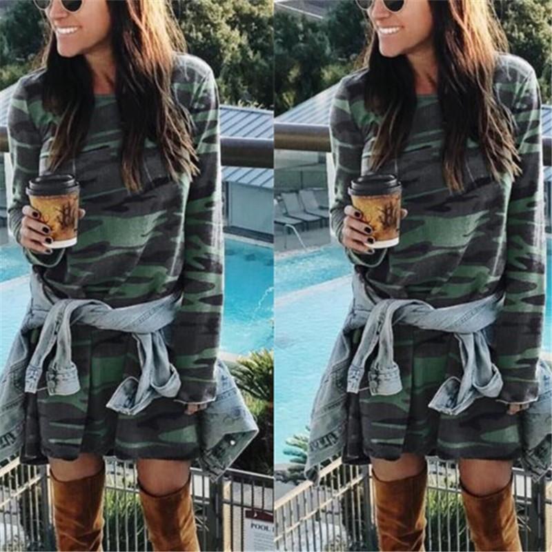 Casual Round Collar  Camouflage Long Sleeved Slim Mini Dress