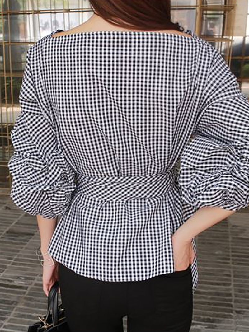 Fashion V Neck Puff Sleeve Cross Strap Pure Colour Shirt