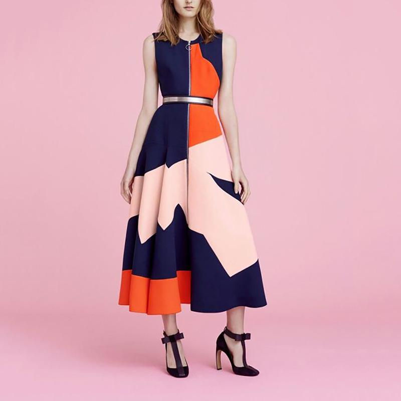 Fashion Contrast Color Sleeveless High-Waist Round Neck Dress