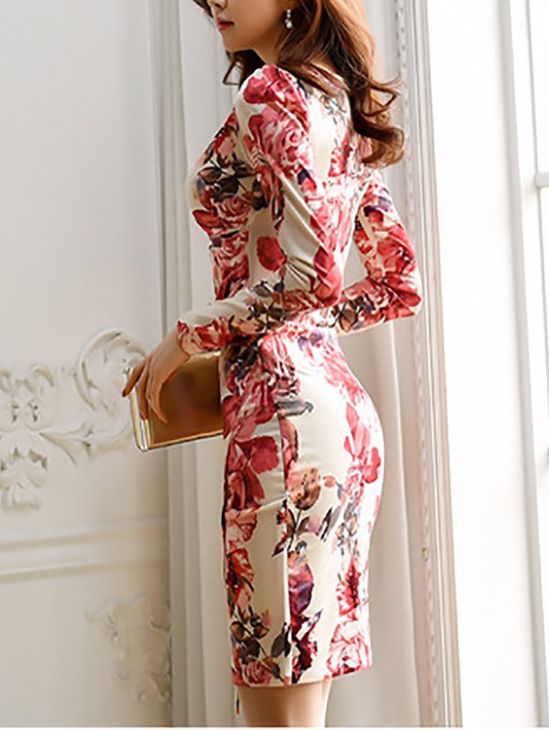 Sexy V Neck long sleeve Printed Colour Slim Pleat Bodycon Dresses