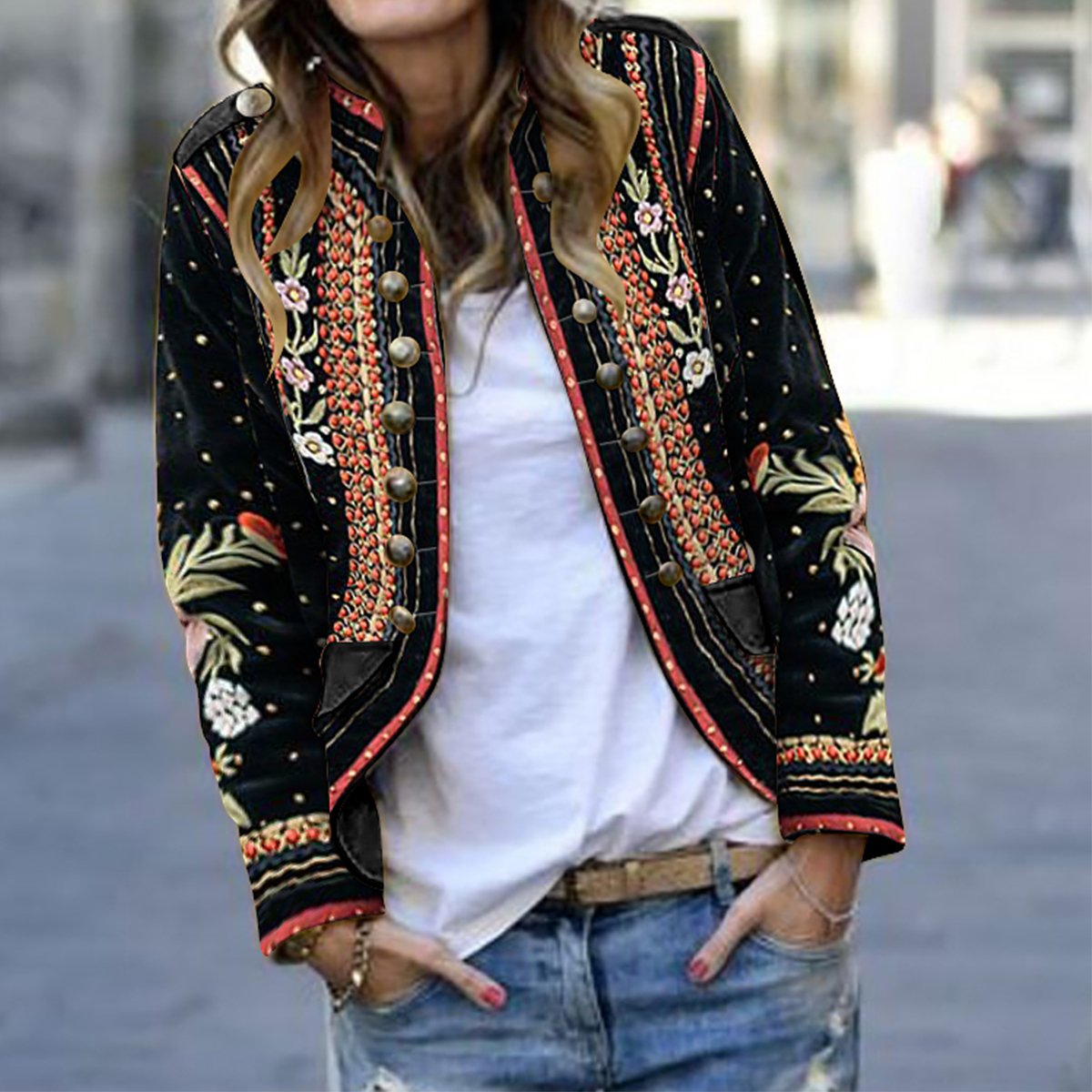 Long Sleeve Floral Embroidery Blazer Outerwear