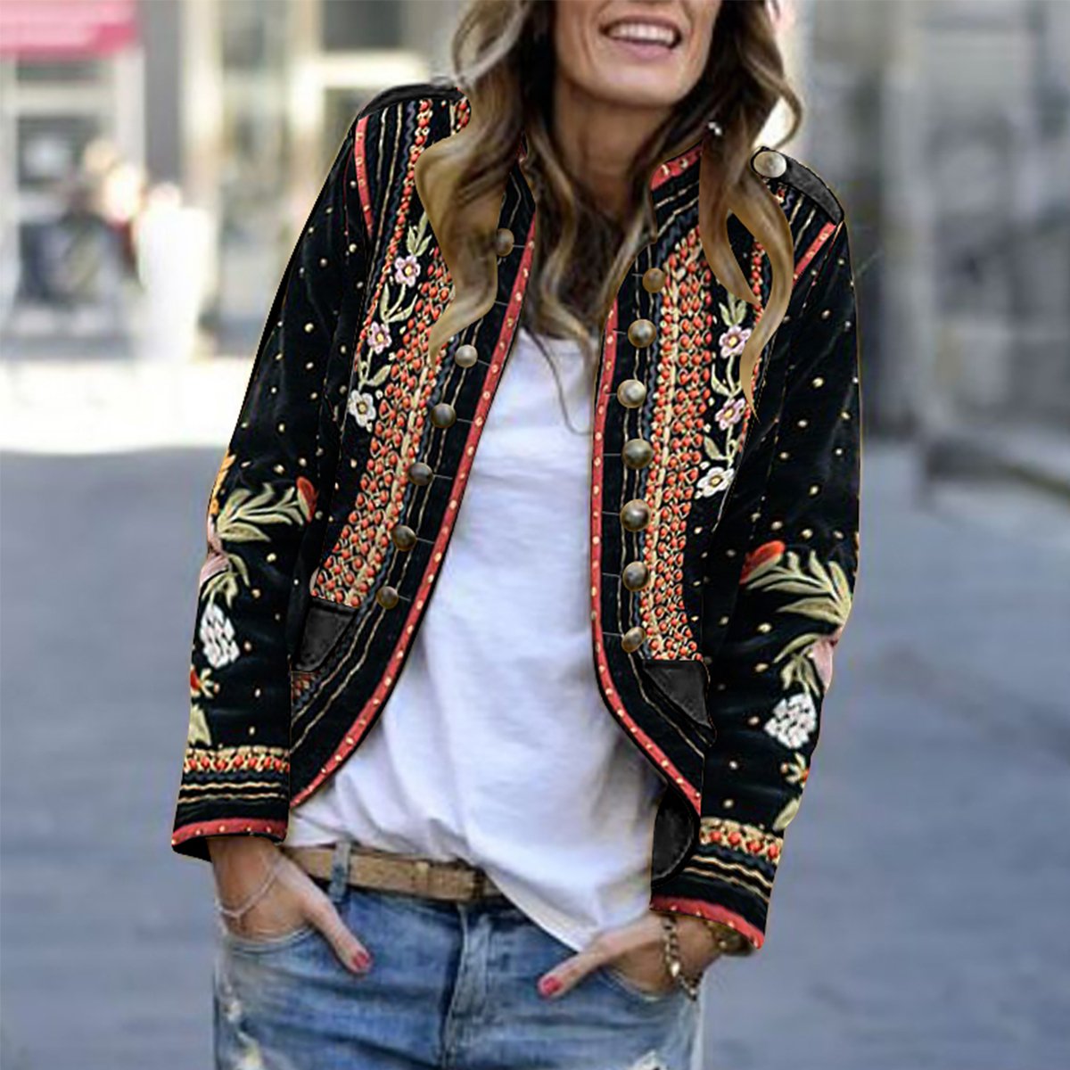 Long Sleeve Floral Embroidery Blazer Outerwear