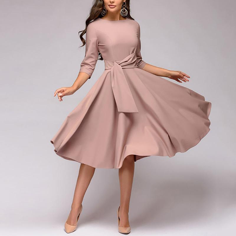 Casual Pure Colour Round Neck short sleeve Belted Casual Dresses