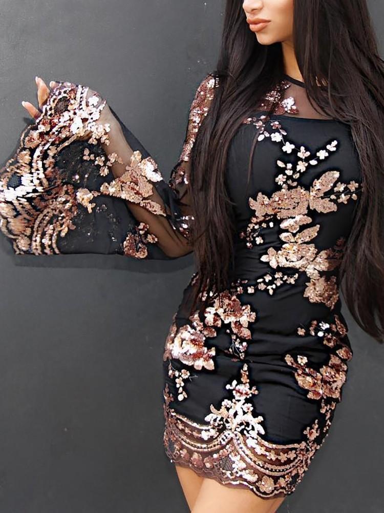 Fashion Bell long sleeves See-Through Sequin Two Piece Dress