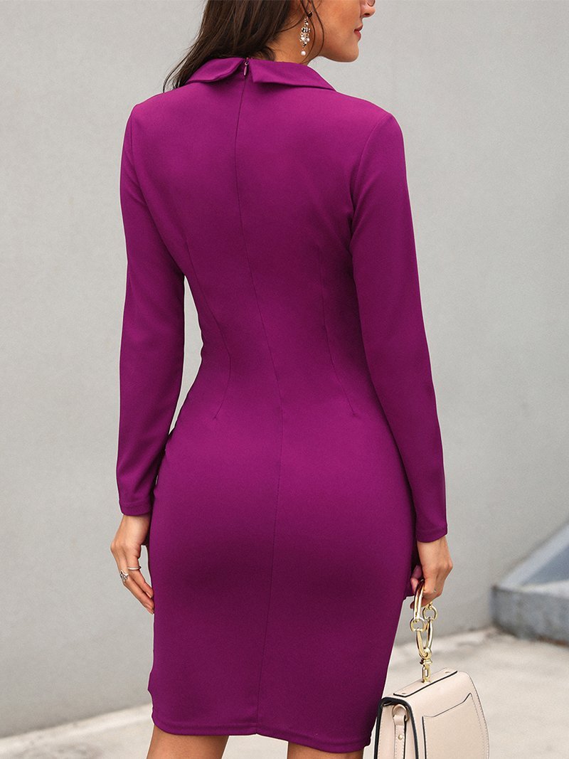 Fashion V Neck long sleeves Pure Colour Turndown Collar Bodycon Dresses