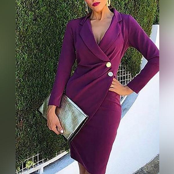 Fashion V Neck long sleeves Pure Colour Turndown Collar Bodycon Dresses