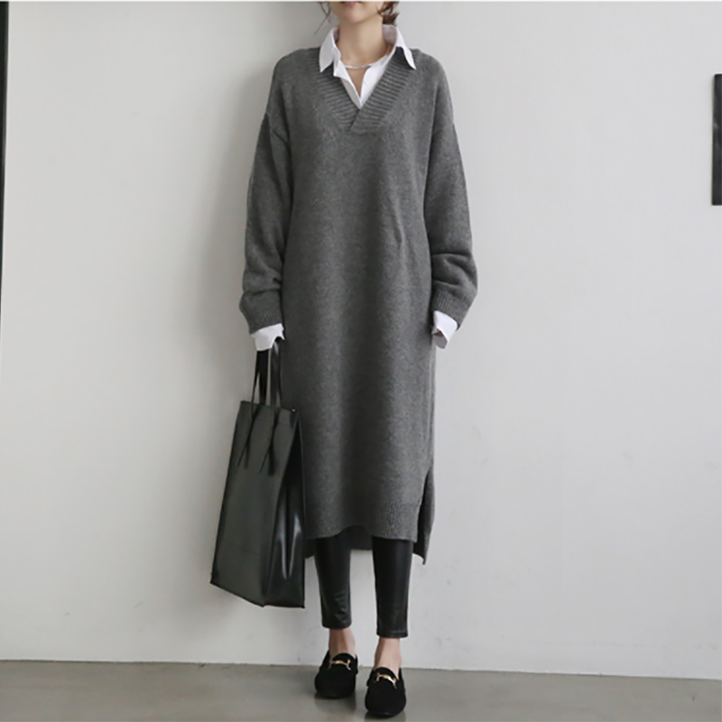 Fashion V Neck long sleeve Pure Colour Thickenings Over Knitted Dresses