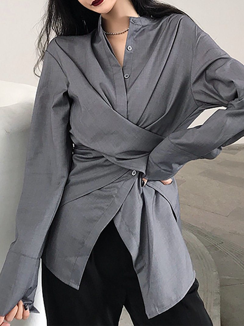 Vintage Pure Colour Stand Collar Slit Irregular Shirt