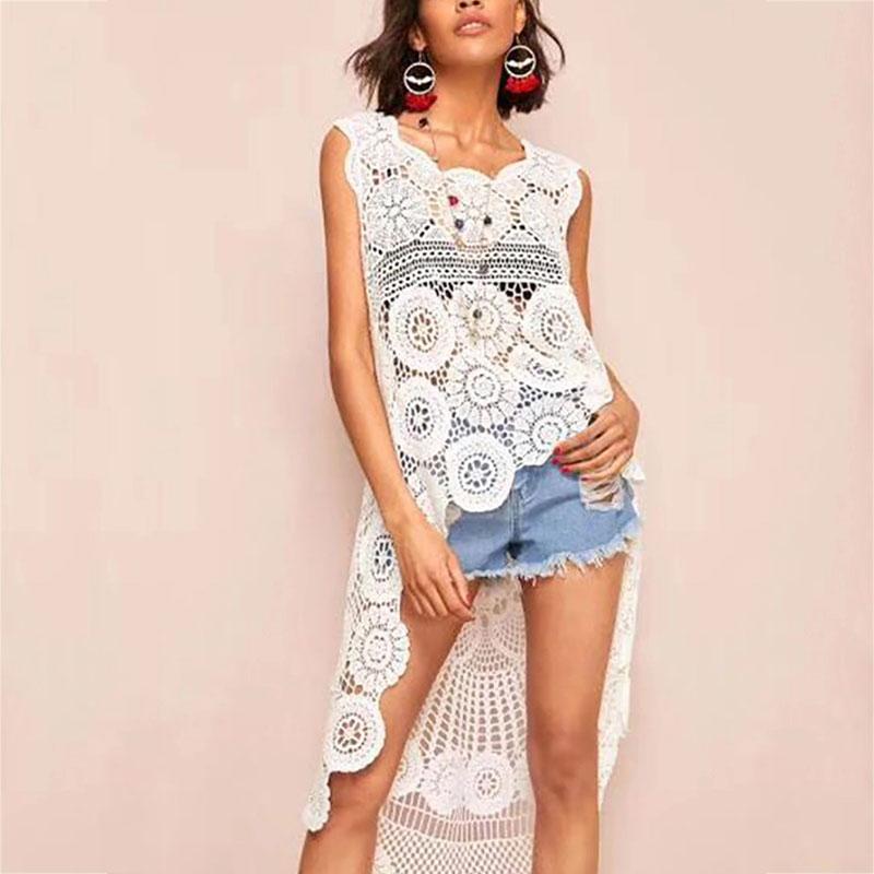Sweet Irregular Hollow Out Sleeveless Lace Beach Pullover